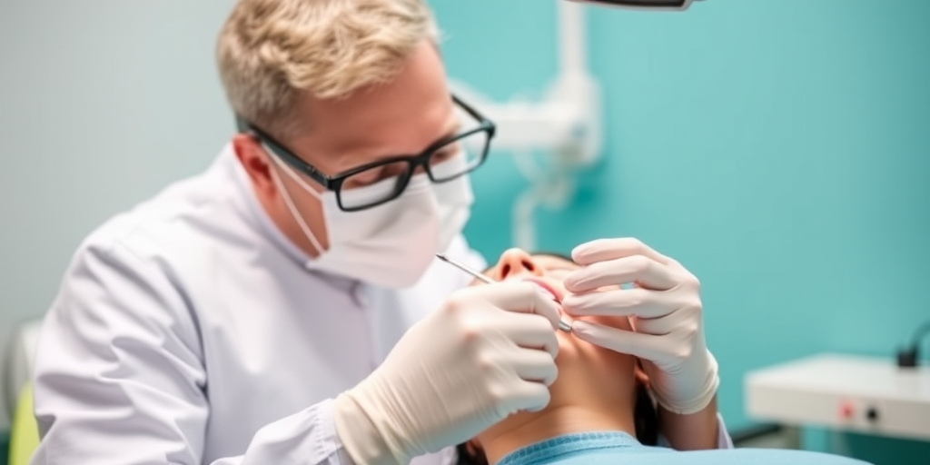 doctor performing dental procedure on a patient with a turquoise background, soft lighting, focus on subject, 50mm lens, aperture f/2.8, shutter speed 1/125, DSLR camera, portrait orientation