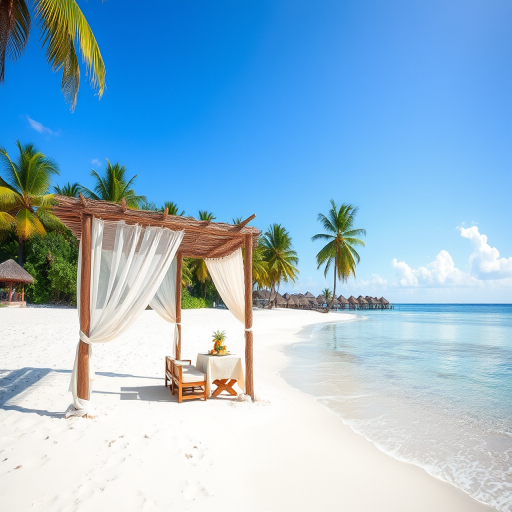 Create a picturesque tropical beach scene featuring a serene, white sandy shore. In the foreground, there's a rustic wooden canopy with white drapes gently flowing in the breeze. Underneath the canopy, a table is set with tropical decor, evoking a sense of relaxation and leisure. The beach extends into a calm, shallow water area with reflections of the sky and surroundings. Palm trees and lush greenery line the edge of the beach, providing a natural, tropical backdrop. The sky is clear with a few scattered clouds, and the overall atmosphere is tranquil and inviting, perfect for a peaceful retreat.