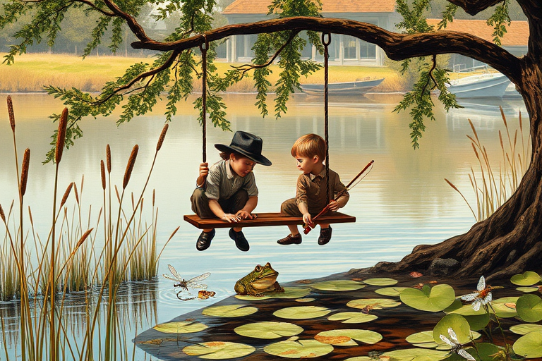 Imagine a small group of old fashioned young boys out fishing by the creek, a swing hanging from a tree branch, reeds and grasses by the water's edge, a frog sitting on a lily pad, dragonflies hovering over som water plans, a very iconic old fashioned scene reminiscent of a Norman Rockwell painting style