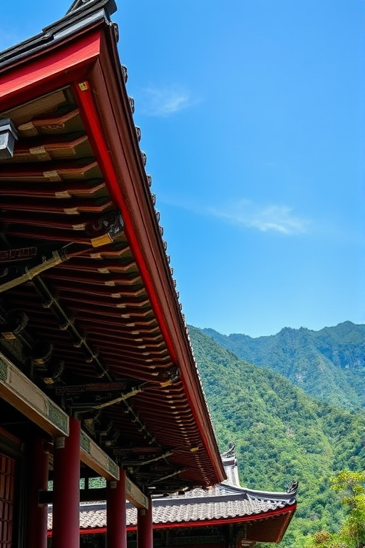 capture a detailed photograph of a traditional Asian temple roof with intricate detailing against a backdrop of lush green mountains under a bright blue sky, use a Canon EOS R5 with a 24-70mm f/2.8 lens at f/8, ISO 100, 1/250 sec, shoot from a high angle with a wide shot for depth and clarity