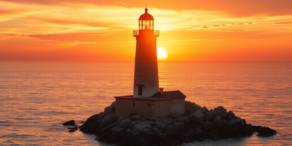 Generate an image of a tall lighthouse perched on a rocky outcrop surrounded by calm ocean waters during a breathtaking sunset. The lighthouse stands sturdy and weathered, its stone surface illuminated by the warm golden light of the setting sun. The sun's rays pass directly through the glass lantern room at the top of the lighthouse, casting a brilliant light across the scene. The sky is painted with vibrant shades of orange, pink, and purple, reflecting off the tranquil sea. The surrounding water shimmers with the same warm hues, creating a serene and majestic atmosphere.