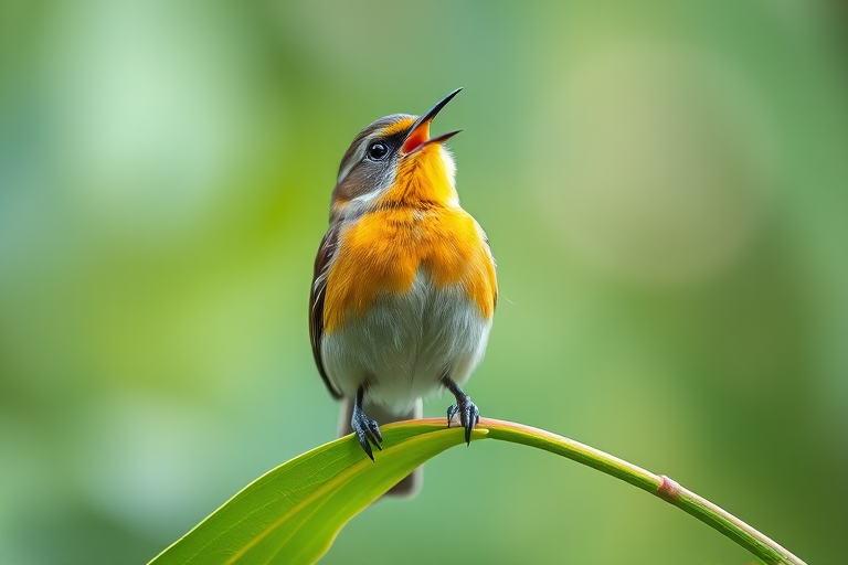 Capture a close-up of a singing bird perched on a vibrant green leaf, using a Canon EOS R5 camera with a 100mm f/2.8 macro lens, ISO 200, aperture f/5.6, shutter speed 1/500s, and a shallow depth of field for a natural bokeh effect in a soft-focus background.