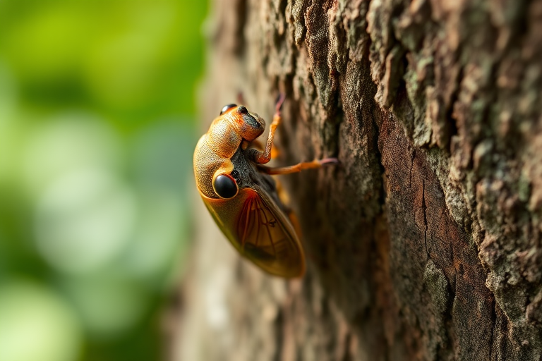 Close-up shot of a cicada molting on a tree trunk, with a blurred lush green background, 50mm lens, f/2.8 aperture, ISO 100, natural light, macro photography style, DSLR camera.