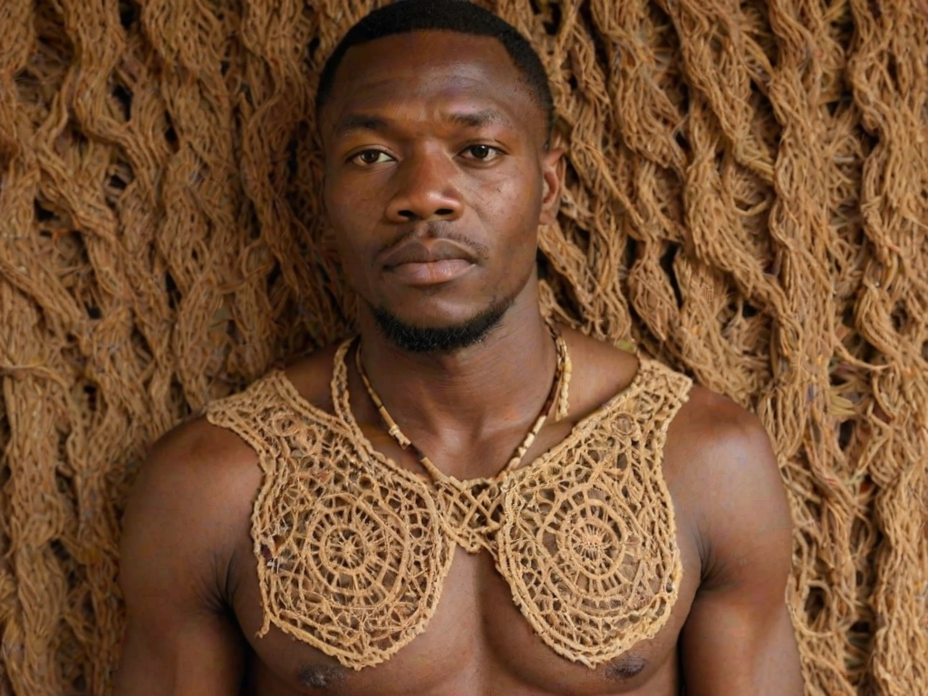 Face, shoulders, chest covered in openwork Igbo embroidery. Raw, unedited image.