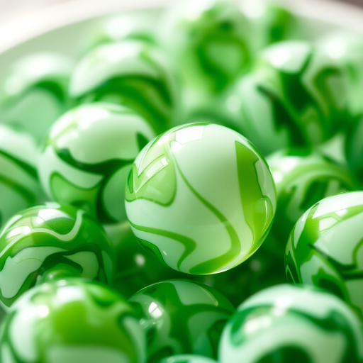Capture a close-up shot of a cluster of green and white marbled glass orbs with soft natural lighting, using a DSLR camera with a 50mm lens at f/2.8, ISO 100, and a shutter speed of 1/125s, ensuring a shallow depth of field to isolate the subject against a softly blurred background.