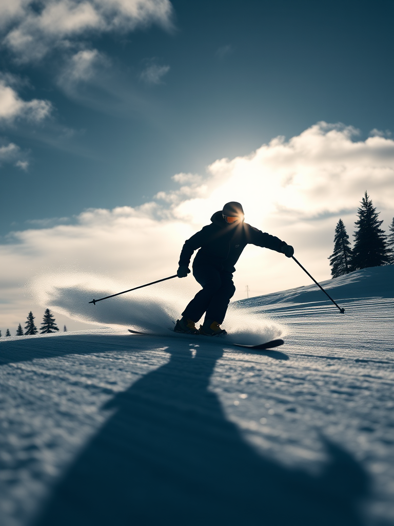Create a high-resolution image of a silhouette of a skier in dynamic motion, captured from a low-angle perspective using a DSLR camera with a 50mm lens, aperture set at f/2.8, ISO 100, and a shutter speed of 1/500 sec for clarity and detail.