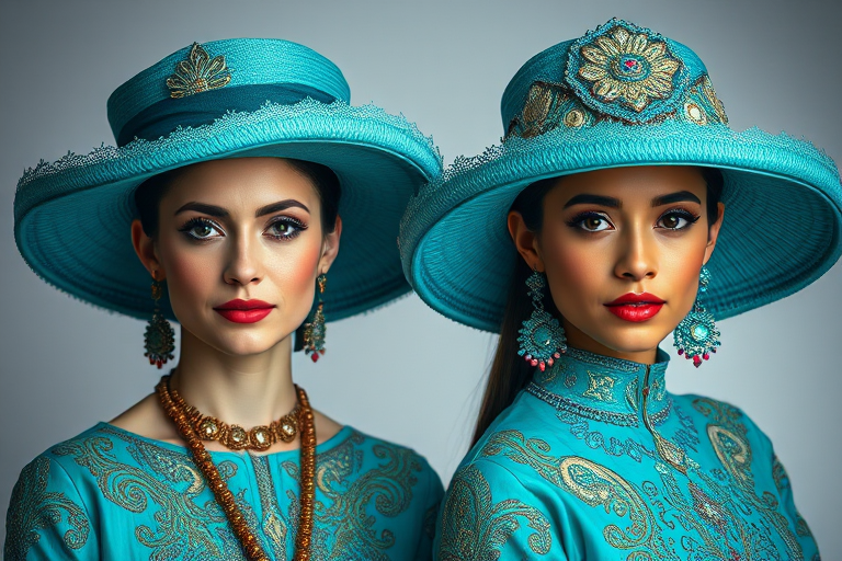 Portrait of two women in ornate turquoise hats and dresses with intricate embroidery, soft diffused lighting, 85mm lens, f/1.8 aperture, ISO 100, shallow depth of field, taken with a DSLR camera.