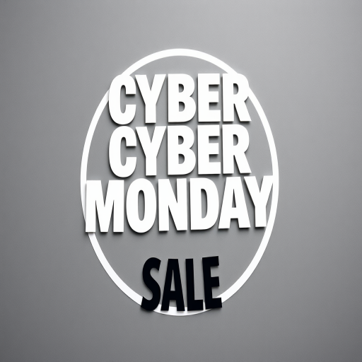 Create a modern promotional graphic for a Cyber Monday Sale featuring bold text and a circular design, shot using a DSLR camera at f/2.8, ISO 100, with a 50mm lens in a flat lay view to enhance the quality and detail of the design.