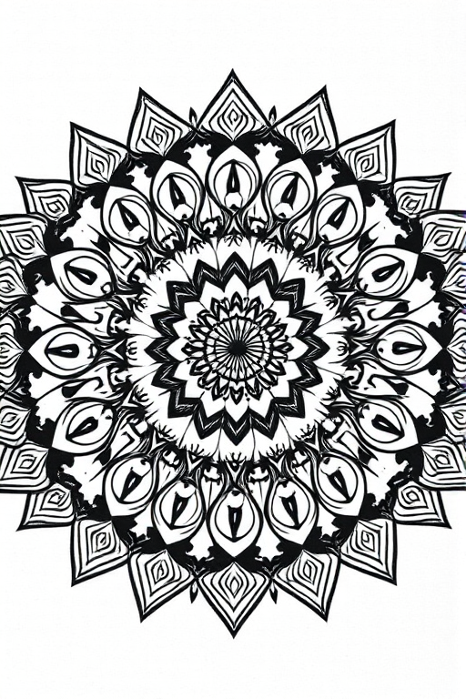 Create a high-resolution image of a circular, intricate mandala pattern with a symmetrical design, using a DSLR camera with a 50mm lens, aperture set to f/2.8, ISO 200, and shot from a top-down angle to enhance detail and contrast.