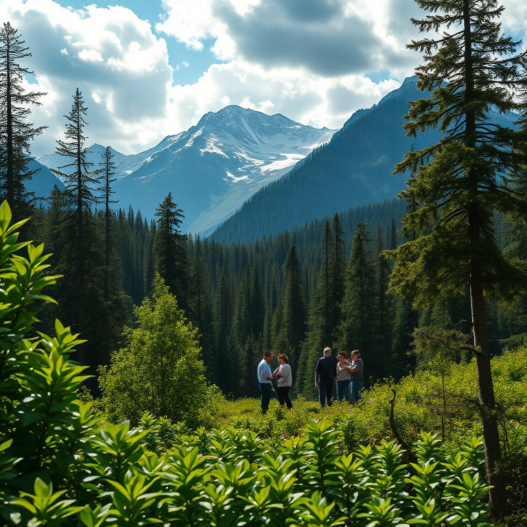 regenerate the landscape scene with majestic mountains in the background, lush forests in the foreground, a group of figures engaging together, soft natural lighting, focus on intricate details of foliage, wide-angle view, DSLR camera settings: ISO 100, f/8, shutter speed 1/200s, shot in high-resolution quality, vibrant colors, painterly style.