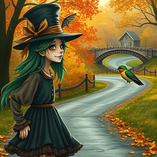 digital art fantasy depicting a strange girl with green hair, long eyelashes, white lipstick and a tall hat walking along a winding road on an autumn afternoon, an Hummingbird smiles as she passes