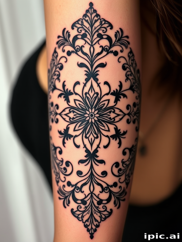 Ornamental blackwork tattoo named "Lace Elegance" depicting intricate patterns inspired by delicate lacework, with flowing lines and symmetrical designs creating a feminine and sophisticated aesthetic