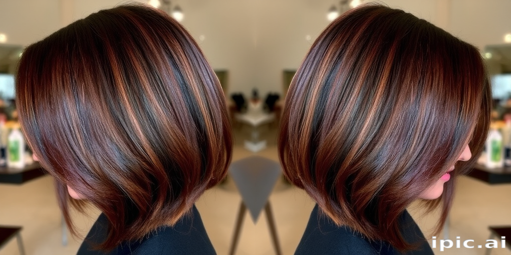 Rich chocolate brown lob with caramel highlights and a deep side part, styled in sleek straight strands with a glossy finish for a polished and professional look