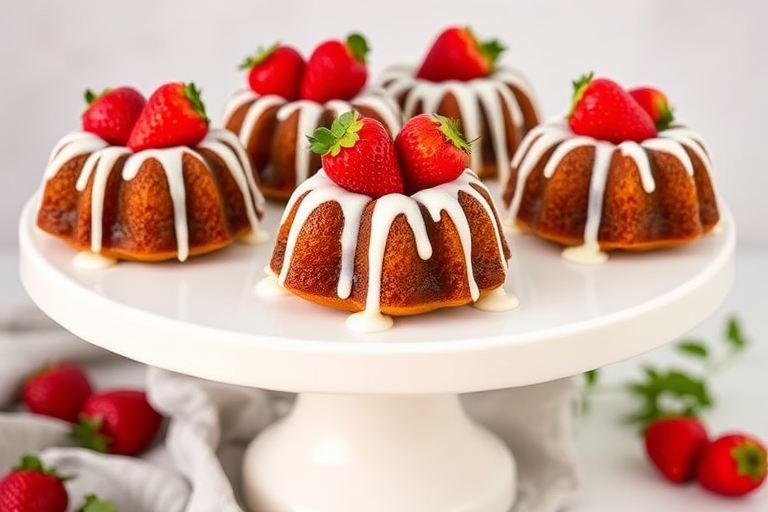 A beautifully arranged display of mini bundt cakes topped with fresh strawberries and drizzled with white icing on a white cake stand with a soft, neutral background and a hint of greenery.