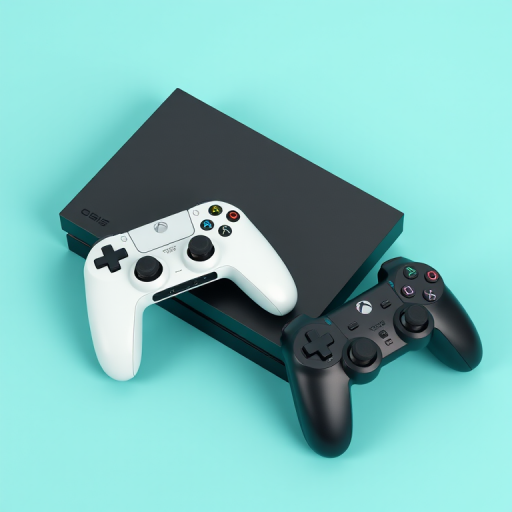 Create a high-resolution 3D render of a sleek black gaming console with a white controller and a black controller on a soft turquoise background, using a 35mm lens, f/2.8 aperture, ISO 100, and a softbox lighting setup for even illumination.