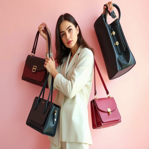 Capture a fashion model posing with three stylish handbags against a soft pastel backdrop, using a Canon EOS R5 with an 85mm f/1.4 lens, aperture set to f/2.8, ISO 100, shutter speed 1/200s, natural lighting for a soft aesthetic, shot from a 45-degree angle.