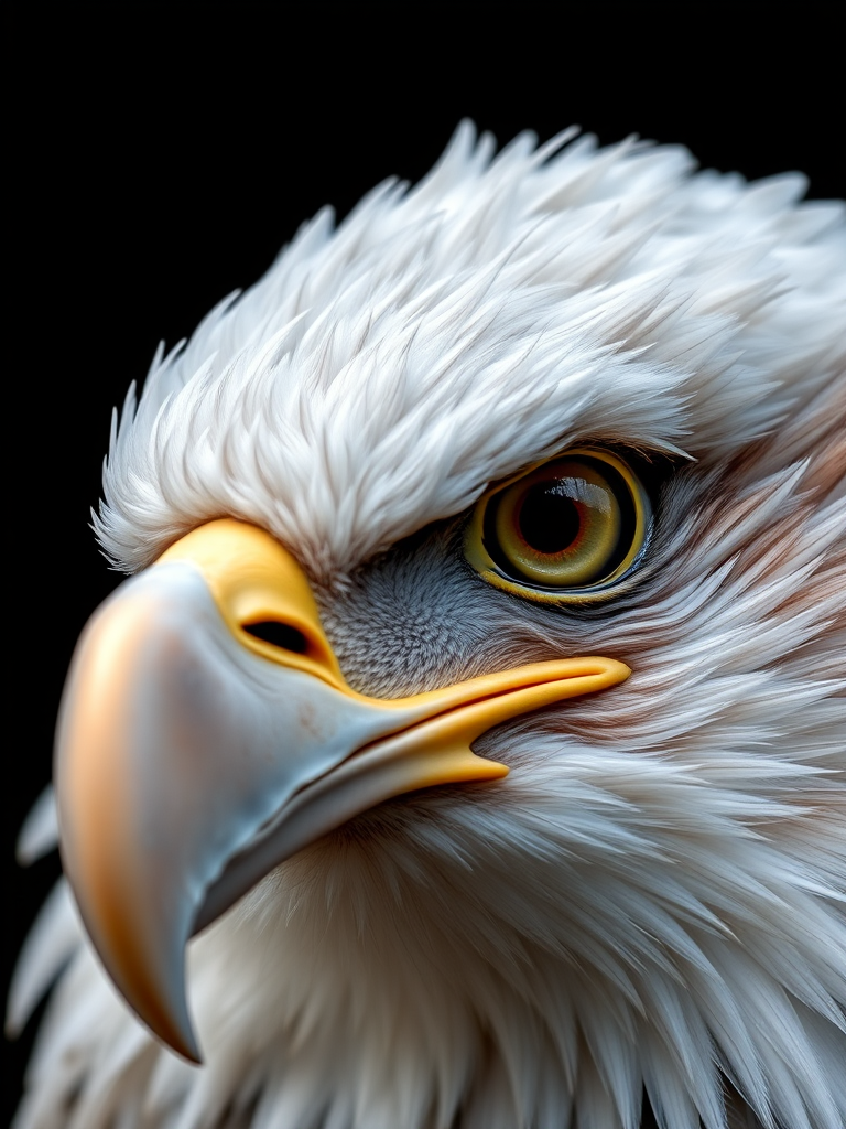 regenerate a close-up portrait of a bald eagle with a sharp focus on the details of its feathers and eye, using a DSLR camera with a 100mm macro lens, aperture f/2.8, ISO 200, and 1/500s shutter speed, in natural daylight with a dark background to emphasize the eagle's features