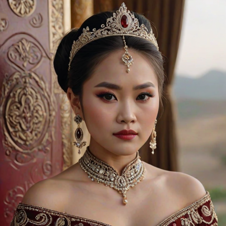 A gorgeous Hmong woman in a luxurious brown gown, accessorized with a dazzling tiara and statement earrings, her deep red eyes highlighted by impeccable makeup, poised in a royal setting, photorealistic, 8K quality