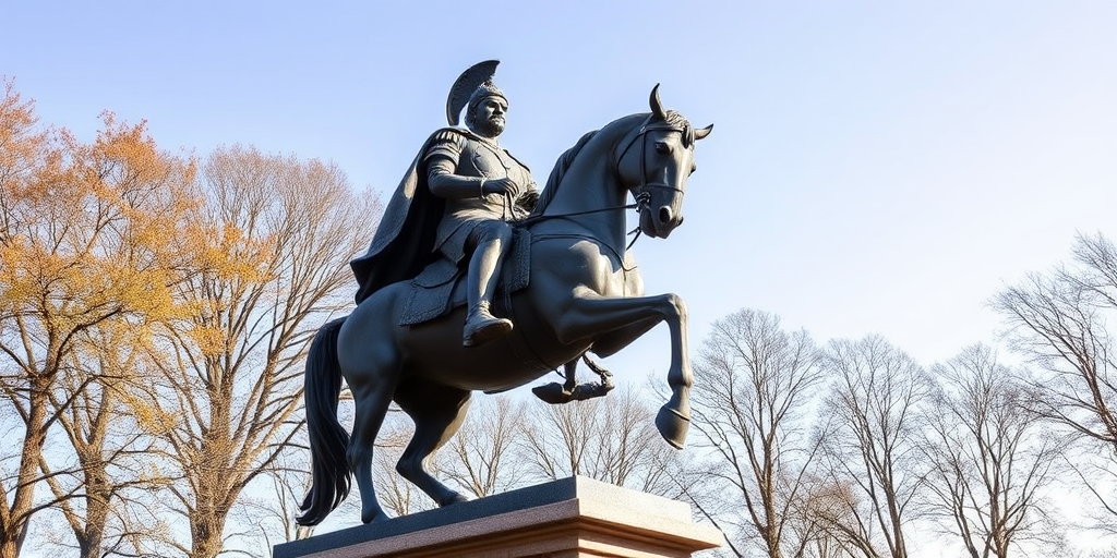 Statue of a warrior on horseback in an outdoor setting, captured with a DSLR camera at a focal length of 50mm, aperture set to f/8 for depth of field, ISO 200 for clarity, shot in natural light with a wide-angle view to emphasize the statue's grandeur.