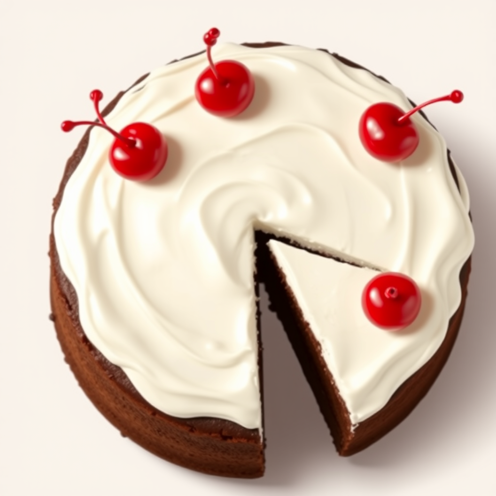 Create a realistic illustration of a chocolate cake with a slice removed, topped with white frosting and red cherries, photographed from a top-down view using a DSLR camera, aperture f/2.8, ISO 100, macro lens, to enhance detail and texture.
