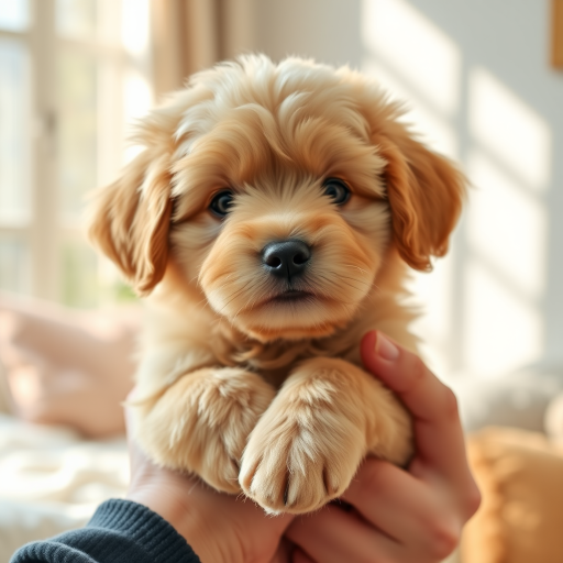 Generate an image of a fluffy light brown puppy being held by a person with a cozy indoor background featuring sunlight and soft textures the puppy has a cute expression with big eyes and a small nose