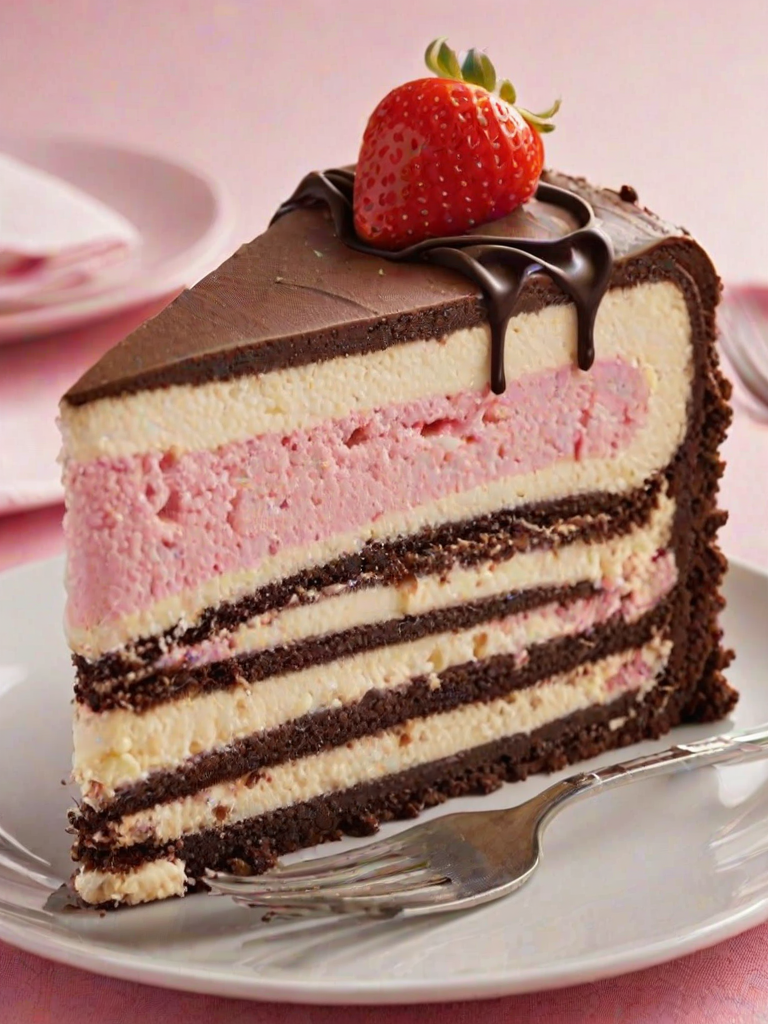 Generate an image of a slice of layered ice cream cake. The cake should have three distinct layers: a chocolate layer at the bottom, a pink strawberry layer in the middle, and a white vanilla layer on top. The cake should have a crumbly chocolate cookie crust and be served on a white plate with a fork beside it.