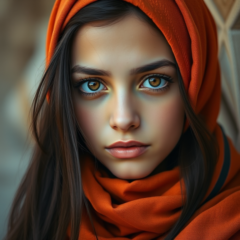 Create a portrait of a young Turkish female with long, dark hair and captivating hazel eyes. She is wearing a orange headscarf and a matching scarf draped gracefully around her neck. The background is softly blurred, focusing attention on her serene and natural expression. The overall color palette is muted and warm, enhancing the intimate and authentic feel of the portrait.