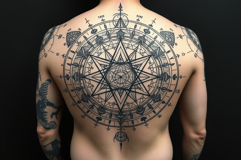 Blackwork sacred geometry tattoo named "Cosmic Blueprint" combining intricate geometric patterns with astronomical symbols and constellations, creating a harmonious balance between order and chaos, suitable for full back, chest, or leg sleeve placement