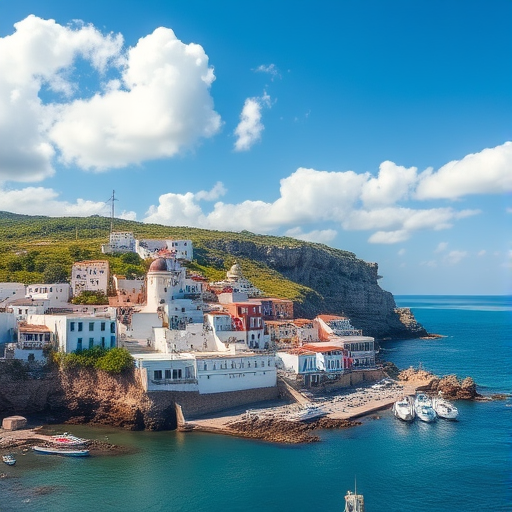 Generate a high-resolution image of a coastal village with white buildings and a rocky cliff in the background, bright blue sky with fluffy clouds, captured with a DSLR camera at 24mm, f/11, ISO 100, using a wide-angle lens for a vibrant landscape perspective.