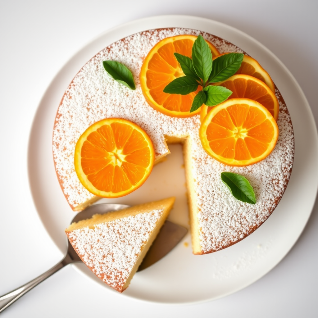 A round orange cake topped with fresh orange slices and mint leaves, dusted with powdered sugar, with a slice cut out and a cake server beside it on a white plate, with a soft background.
