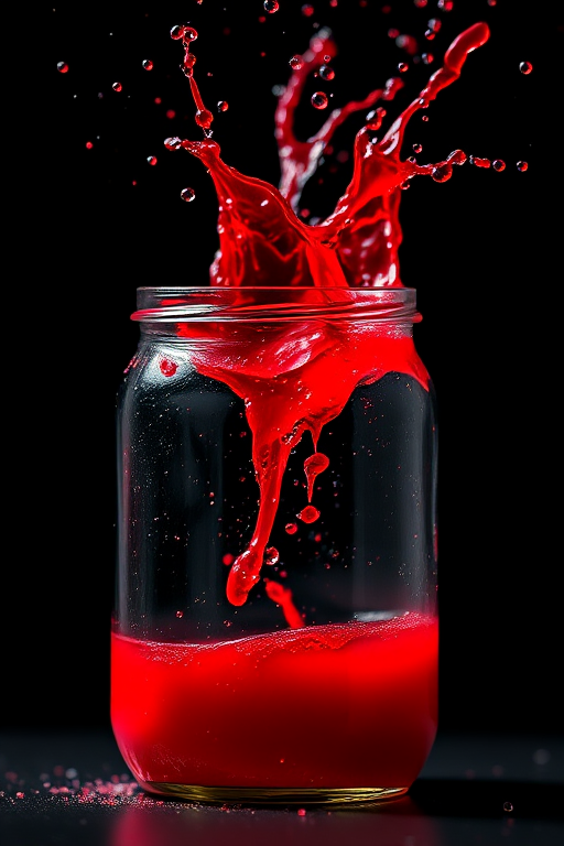 high-speed shot of a jar of red liquid splashing with droplets flying, captured with a Canon EOS R5, 50mm f/1.2 lens, ISO 100, shutter speed 1/2000s, aperture f/2.8, natural soft lighting from the side, dark background to enhance contrast