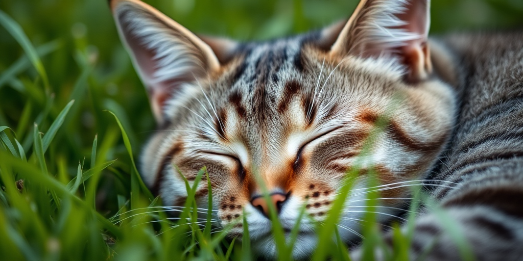 Close-up of a sleeping gray tabby cat with eyes closed, set in a lush green grass background, shallow depth of field, natural lighting, 50mm lens, f/1.8 aperture, ISO 200, portrait orientation.