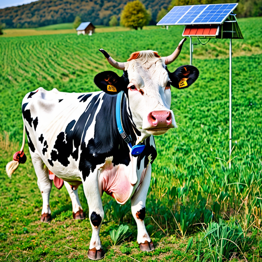 A happy cow in a field with a solar panel strapped on its back