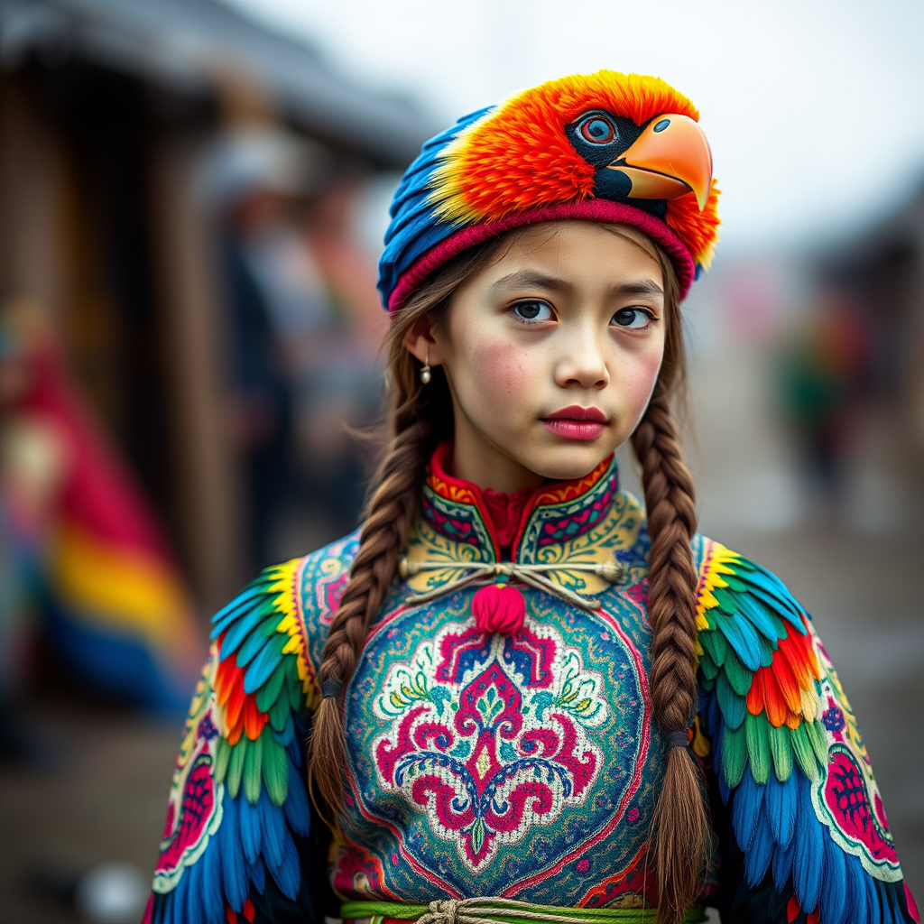 A beautiful Eurasian girl, wearing colorful bird clothing with vibrant colors