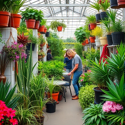 Vibrant indoor plant market, with shoppers browsing a variety of exotic plants, the scent of fresh soil filling the air, and colorful flowers adding to the lively atmosphere.