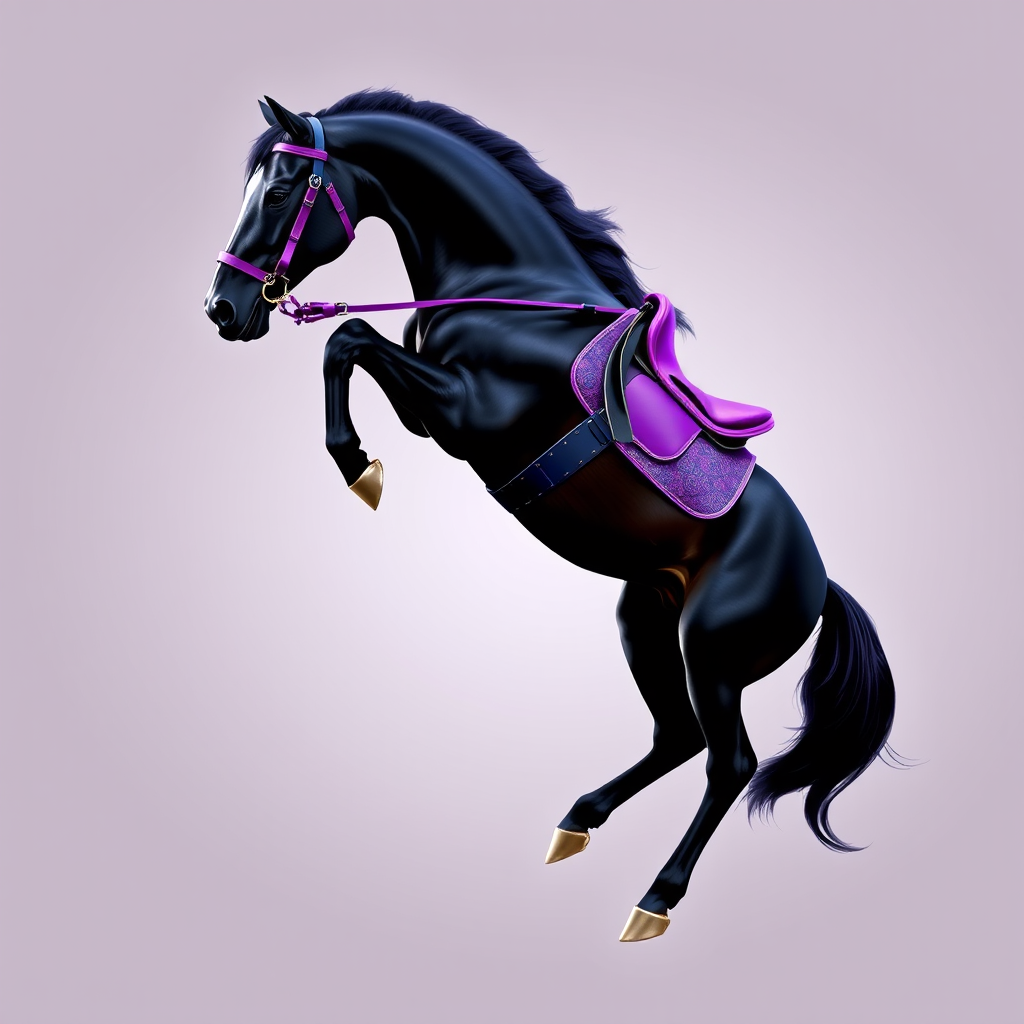 Create a vibrant vector illustration of a rearing black horse with a purple saddle and bridle against a transparent background, using high-resolution settings, a 50mm lens, f/2.8 aperture for a shallow depth of field, and a studio lighting setup for enhanced color contrast and clarity.