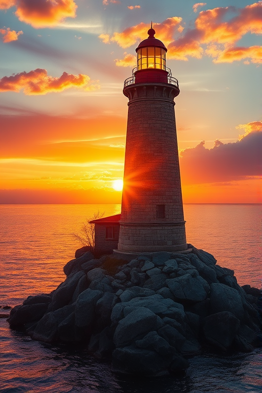 Generate an image of a tall lighthouse perched on a rocky outcrop surrounded by calm ocean waters during a breathtaking sunset. The lighthouse stands sturdy and weathered, its stone surface illuminated by the warm golden light of the setting sun. The sun's rays pass directly through the glass lantern room at the top of the lighthouse, casting a brilliant light across the scene. The sky is painted with vibrant shades of orange, pink, and purple, reflecting off the tranquil sea. The surrounding water shimmers with the same warm hues, creating a serene and majestic atmosphere.