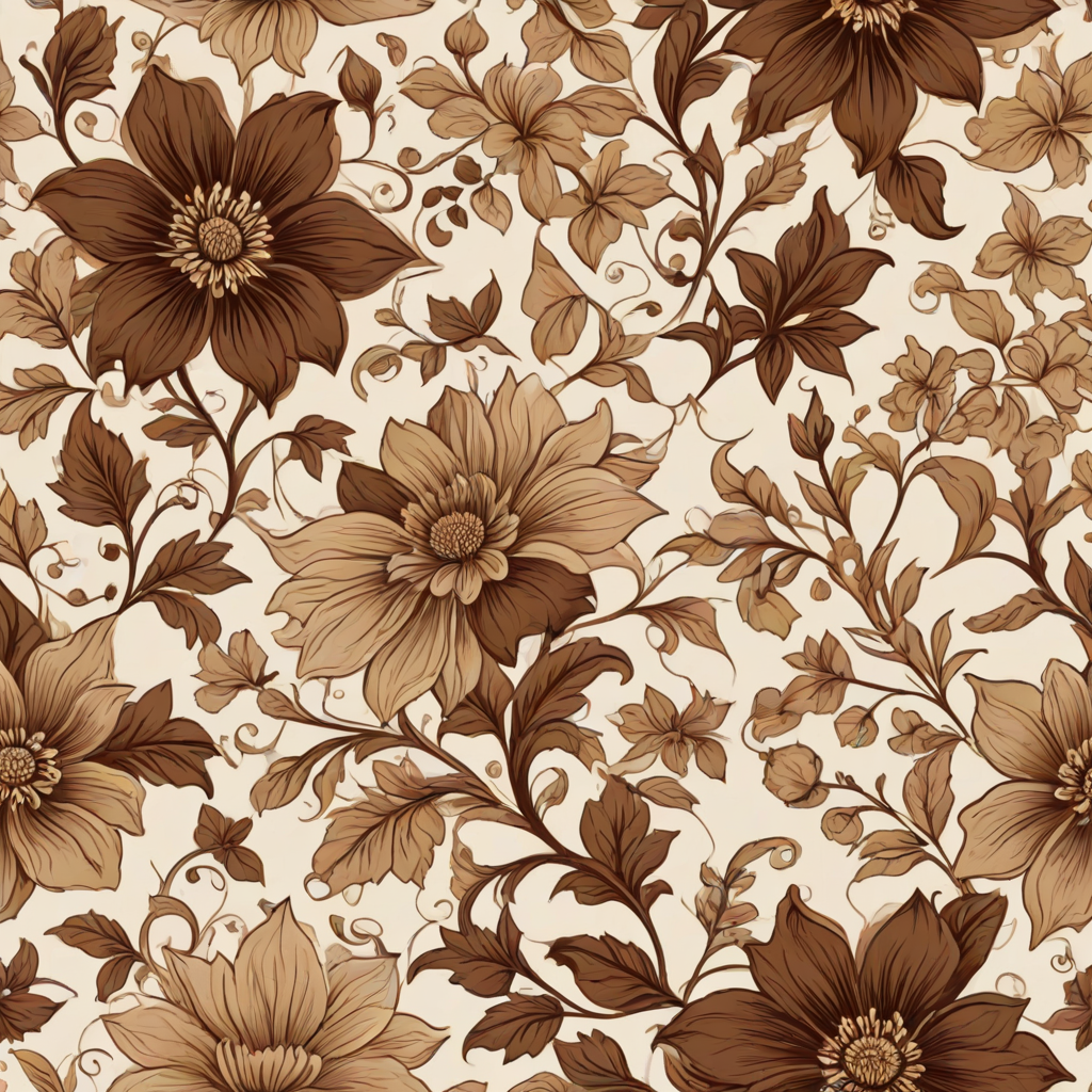 Create a seamless floral pattern featuring large brown and beige flowers with intricate designs, accompanied by smaller flowers and gentle vines on a light beige background.