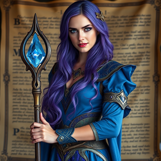 Portrait of a fantasy mage woman with long purple hair and blue eyes, holding a staff with a glowing crystal, wearing a detailed blue and silver outfit, standing against an ancient scroll backdrop, shot with a DSLR camera at f/1.8, ISO 100, 85mm lens, using natural lighting and a shallow depth of field for a soft background blur.