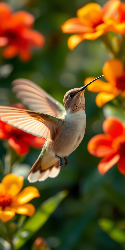 Sharp, detailed close-up of a hummingbird in mid-flight, its wings blurred from rapid movement, with vibrant red and yellow flowers providing a colorful backdrop in soft sunlight.