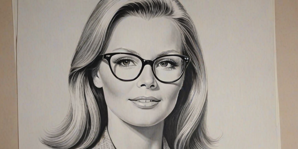 Charming Cheryl Ladd, pencil sketch, portrait of Sublime woman 1962s in glasses, hair style beatnik, outline, clear lines, fine lines, 8k