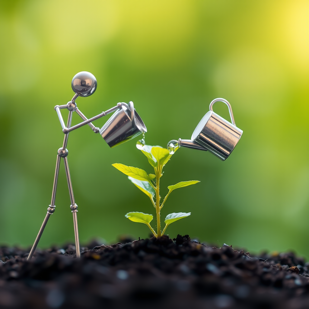 A metal figurine of a person, constructed from thin, silver rods, stands on the left side of the image, facing the viewer. The figurine is holding a small watering can and pouring water onto a young plant, with a few droplets in the air. The plant, with lush green leaves, is situated in the center, growing from dark soil. The background is a soft, out-of-focus blur of green, illuminated by warm, natural light.  The composition creates a sense of depth and intimacy. The image evokes feelings of growth, nurture, and hope.