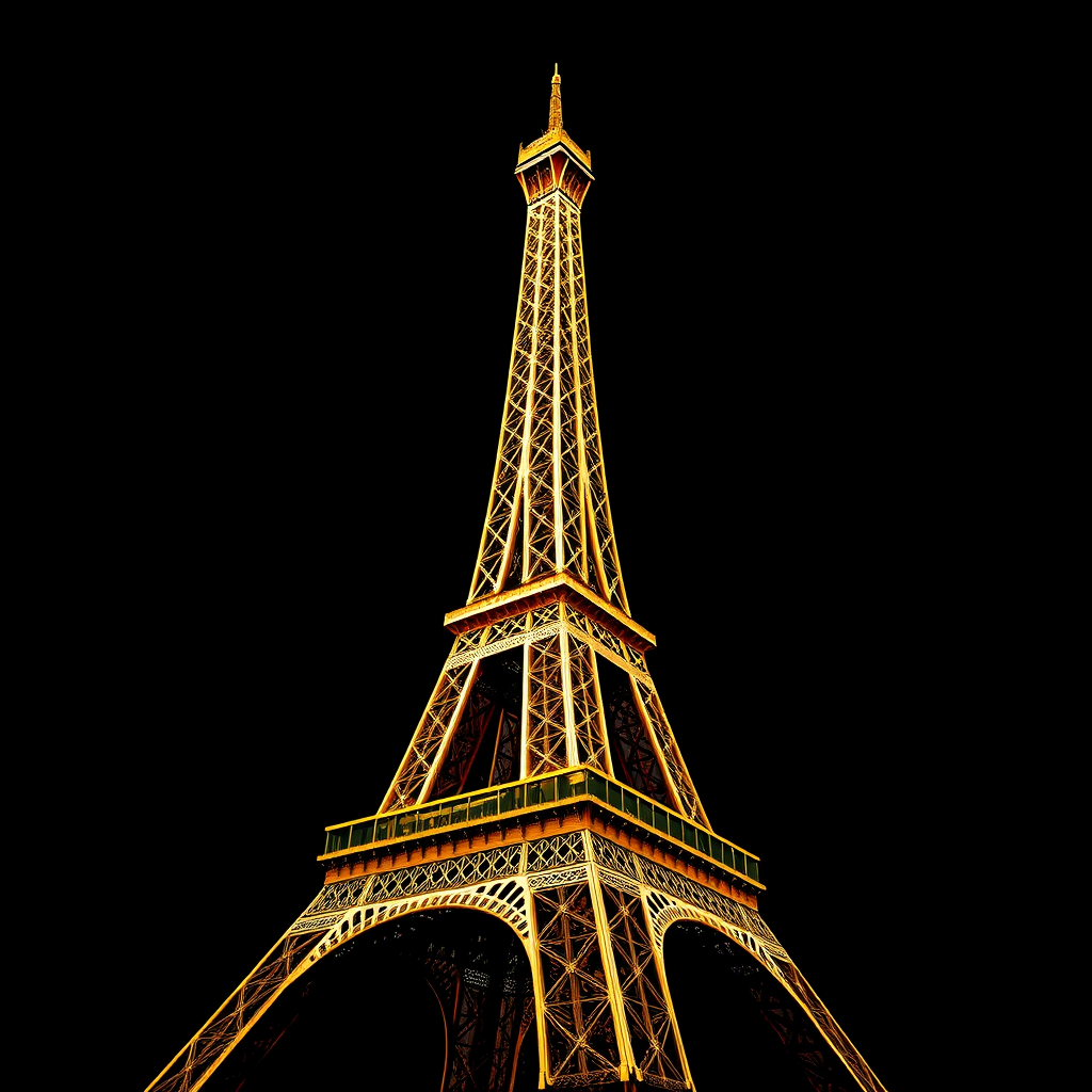 Create a highly detailed, golden Eiffel Tower against a solid black background, captured with a DSLR camera at f/1.8, ISO 100, 50mm lens, in portrait orientation using a high dynamic range imaging style.