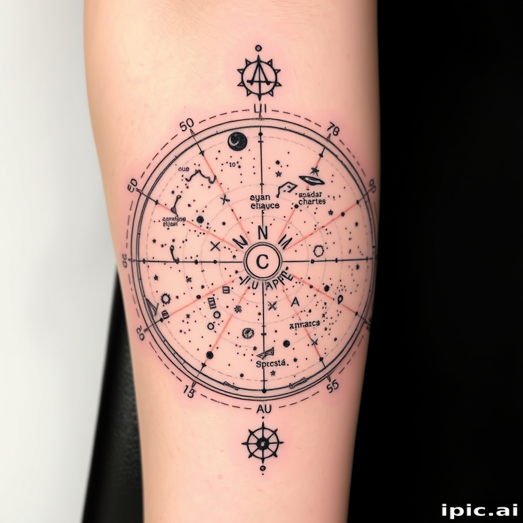 Dotwork tattoo named "Celestial Cartography" depicting a detailed star map with constellations and astronomical symbols created entirely with tiny precise dots in varying densities