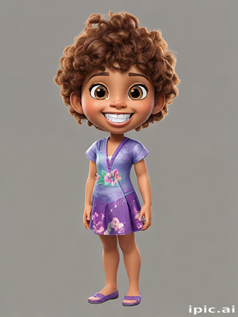 Cheerful Animated Character with Curly Hair Wearing a Purple Dress