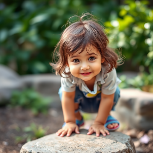 Capture a serene moment of a young child crouching on a garden stone, focusing on her playful expression, with a blurred background of greenery, using a DSLR camera, 50mm lens, aperture f/1.8, ISO 100, shutter speed 1/200s, natural lighting to enhance image quality.