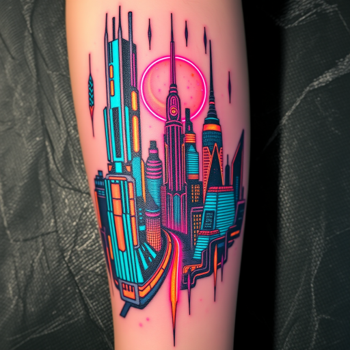 Cyberpunk-inspired tattoo called "Neon Nexus" depicting a futuristic cityscape with glowing neon accents and holographic elements, combining bold linework with subtle color gradients