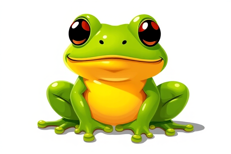 Create a high-resolution digital illustration of a cartoon frog with a glossy green body and bright yellow underbelly, centered in the image, using a Canon EOS R5 with a 50mm f/1.2 lens, aperture set to f/1.8, ISO 100, and in portrait mode to enhance detail and vibrancy.