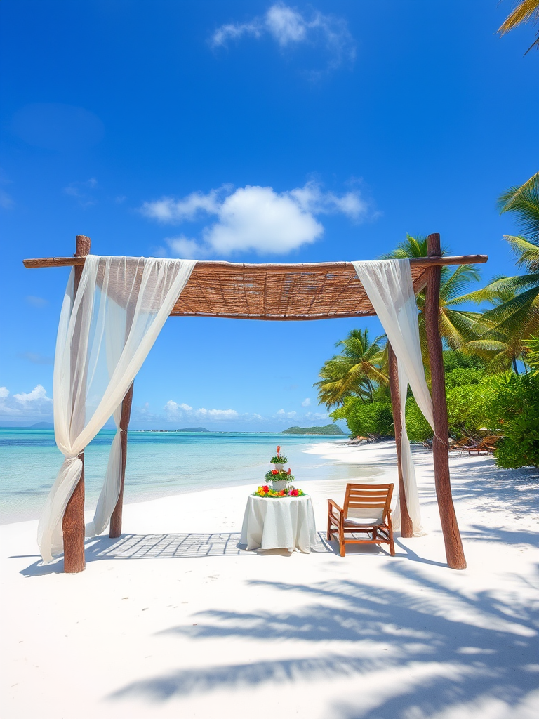 Create a picturesque tropical beach scene featuring a serene, white sandy shore. In the foreground, there's a rustic wooden canopy with white drapes gently flowing in the breeze. Underneath the canopy, a table is set with tropical decor, evoking a sense of relaxation and leisure. The beach extends into a calm, shallow water area with reflections of the sky and surroundings. Palm trees and lush greenery line the edge of the beach, providing a natural, tropical backdrop. The sky is clear with a few scattered clouds, and the overall atmosphere is tranquil and inviting, perfect for a peaceful retreat.