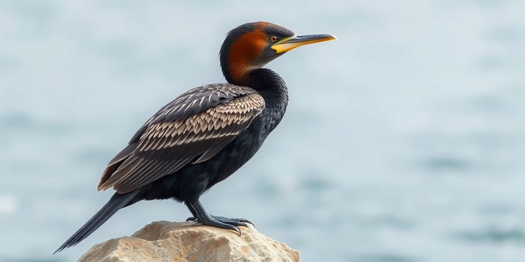 Create a highly detailed illustration of a cormorant perched on a rock with intricate feather patterns, using a DSLR camera set to a 50mm lens, f/2.8 aperture, ISO 100, natural lighting, in a close-up view to enhance sharpness and clarity.